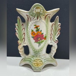 Vtg Iridescent Ceramic Poppy Floral Lusterware Footed Vase  #1749 (T42)